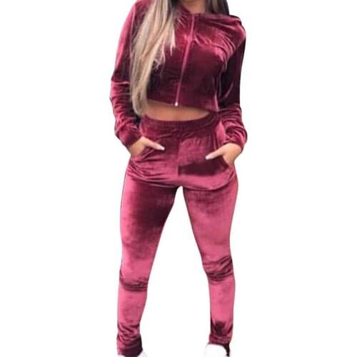 Fashion Women Tracksuit Two Piece Set Velvet Zipper Crop Hoodie Slim Sweatshirt and Long Skinny Pants Outfits Ladies Tracksuits