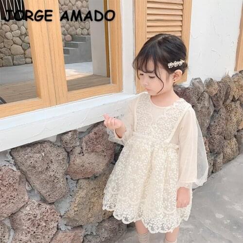 2021 Korean Style New Summer Kids Girls Dress Mesh Puff Sleeves Lace Princess Dresses Cute Style Fashion Clothes E1030