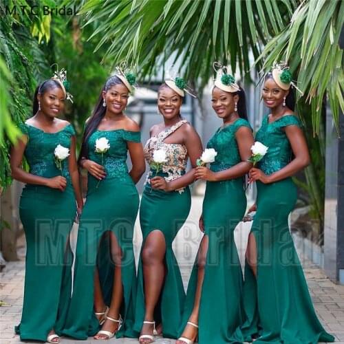 New Green Long Plus Size African Bridesmaid Dresses With Slit V Neck Beads Lace Mermaid Black Girl Wedding Party Dress Wholesale