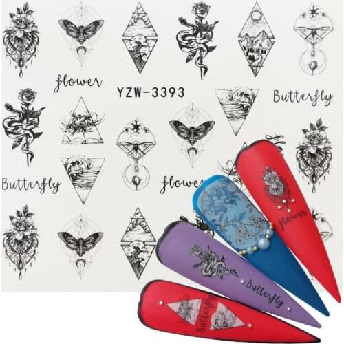 Flower Slider Nail Sticker Water Transfer Black Floral Insect Decals Nail Art Tattoo Manicure Wraps Decoration Accessories