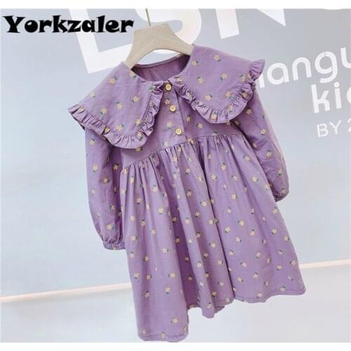 Girls Dress Long Sleeve Fashion Turn-down Collar Dressing Children Clothes Purple Elegant Floral Dress Princess Dress