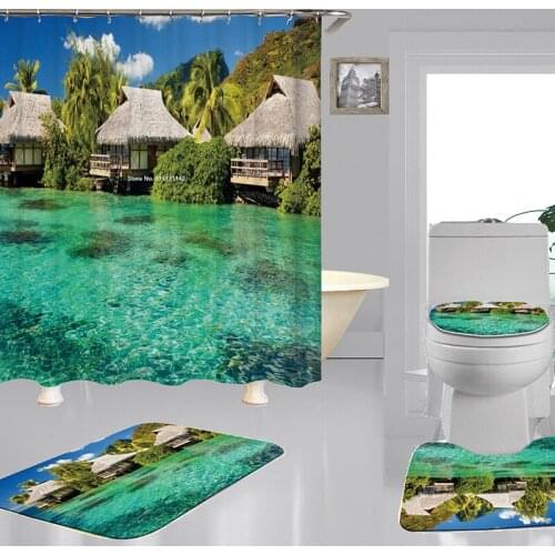 Beach Coconut Tree Scenic 3D Digital Printing Shower Curtain Anti-polyester Shower Curtain Bathroom 4-piece Set