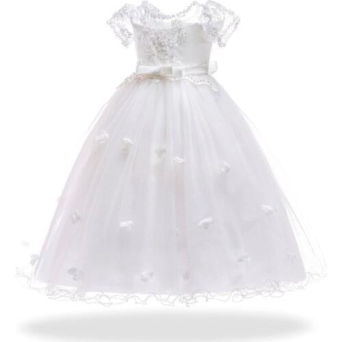 Pageant Ball Gown for Girls Dresses Kids Beaded Sleeves Lace Appliques Dresses Flower Girl Clothing