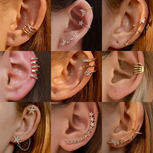 Fashion Gold Color Ear Cuffs Zircon Clip Earrings for Women Climbers No Piercing Fake Cartilage Earring Accessories Gift 1 pcs