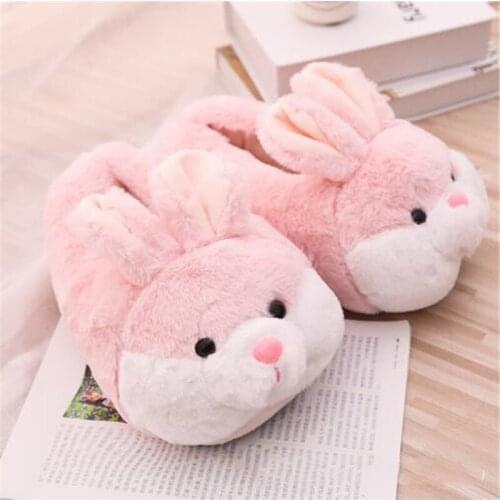 Womens Winter Cartoon Animal Cotton Shoes Cute Pink Rabbit Plush Slippers Woman Slides Warm Home Shoes Ladies Furry Flip Flops