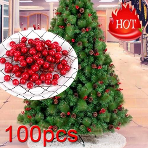 100Pcs 10mm Artificial Red Holly Berry Christmas Tree Decor on Wire Bundle Garland Wreath Fake Fruit Decor Wedding Party Decor