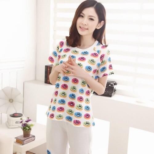 Women summer cute smile cotton short sleeve pullover knee length pants ladies 2019 two piece thin pajamas pajama sets pajama set