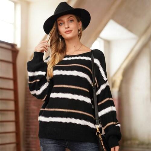 2021 New O-neck Women Loose Striped Sweater Tops Autumn Winter Long Sleeve Casual Oversized Knitted Pullovers Jumpers femme