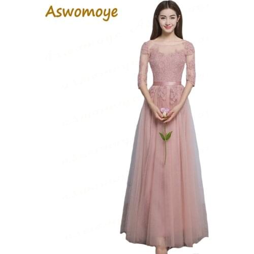 Aswomoye Elegant Evening Dress Long 2018 New Appliques Half Sleeve Pink Party Dress Illusion O-neck robe de soiree