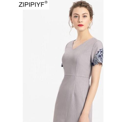 2020 Women Elegant Short Party Dress Female Summer Vintage V-Neck Short Sleeve Hollow Out Embroidery Pencil Dresses Vestidos
