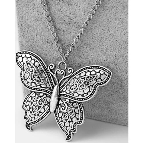 1PCS Antique Retro Tone Large Butterfly Charm Pendant Link Chain Necklace Lagenlook
