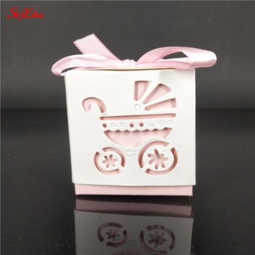 10pcs Baby Cart Laser Cut Hollow Carriage Favors Box Gifts Candy Boxes With Ribbon Baby Shower Wedding Event Party Supplies 7Z