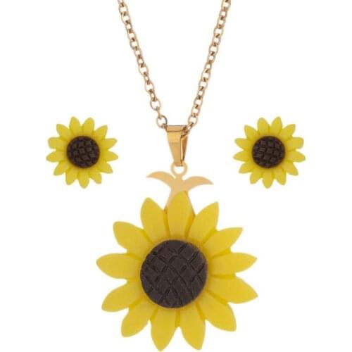 AsJerlya New Sunflower Stud Earrings Necklace Jewelry Set 25mm Resin Flower Pendant Collar Necklace For Women Girl Jewelry Gift