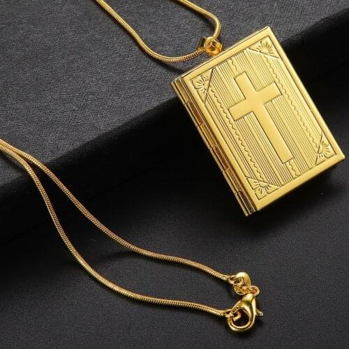 Unisex Exquisite Gold Color Chain Necklace Christian Cross Photo Box Necklace Sweater Chain Anniversary Gift for Men Women