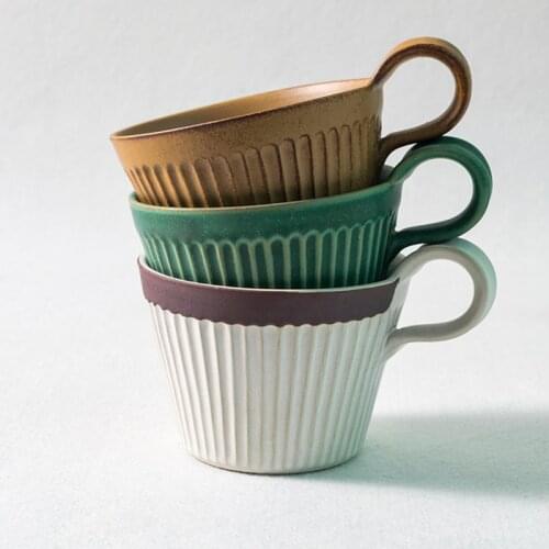 Japanese Stoneware Vertical Pattern Coffee Cup with Spoon Retro Latte Cup 300ml Simple Household Large-capacity Hand Coffee Mug