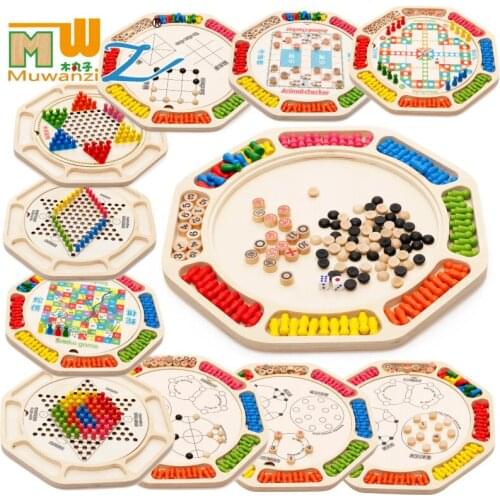 Wooden blocks multifunctional sixteen in one Checkers flying five chess table games educational toys set gift M129