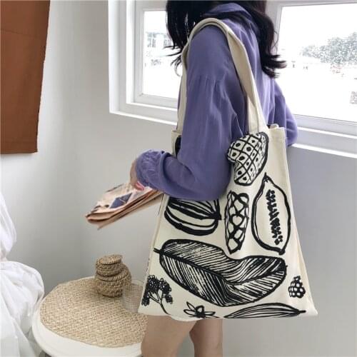 Women Canvas Shopping Bag Large-Capacity Shopper Eco Tote Bag Fashion Leaf Printing Shoulder Bags Korean Portable Female Handbag