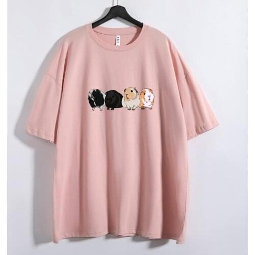Kawaii Guinea Pig Print Shirt Oversize Harajuku Women Cotton Long Shirts Vintage 90s Aesthetic Short Sleeve Tee Girls Streetwear