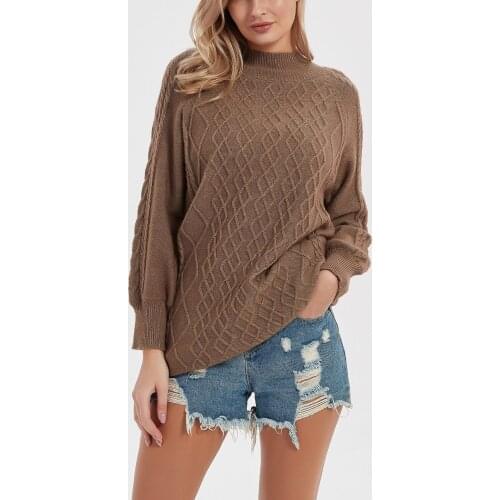 Classic Elegant Khaki Mid-length Women Sweater Pullover Half High Collar Solid Color Loose Lantern Sleeve Fall Winter Clothing