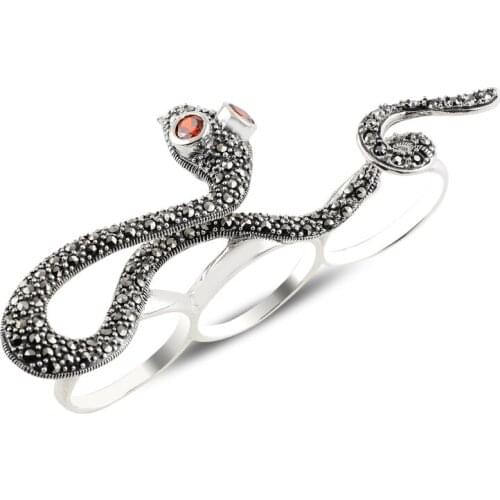 Silver 925 Sterling Snake Marcasite Cubic Zirconia Three Finger Ring