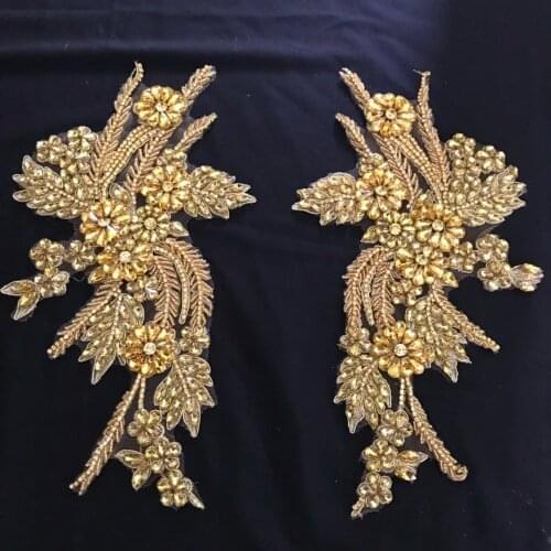 2 pcs Gold Rhinestone Bead Applique Heavy Bead Handmade Rhinestone Florals Motif Bodice Crystal Bridal Headpiece