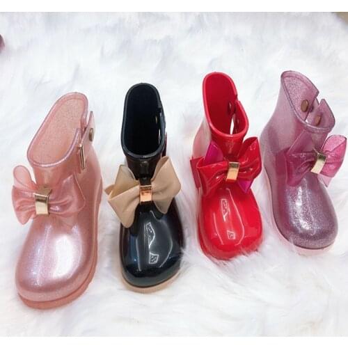 Mini Melissa cute Waterproof rain boots kids Children Baby Girls PVC Butterfly-knot Buckle Strap Dot Rubber Water boots HMI012