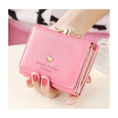 Fashion Short Womens Wallet Pu Leather Korean Simplicity Female Wallet Solid Color Mini Womens Purses Coin Purse Pink