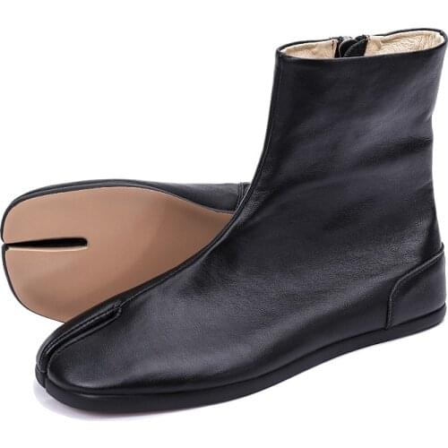 Mens Split Toe Casual Genuine Leather Flat Boots Shoes Man Punk Streetwear Vintage Sheep Hoof Cowhide Leather Shoes for Male