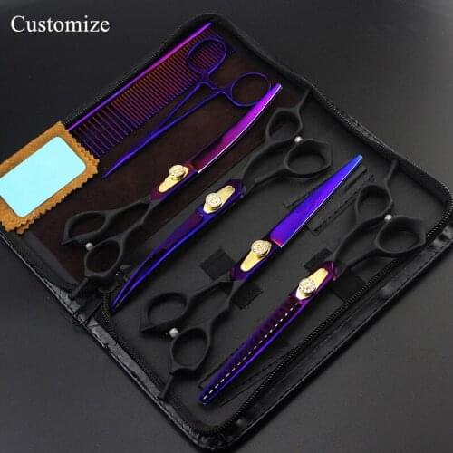 Customize 6 kit Japan 440c 7 inch purple Pet dog grooming hair scissors thinning shears pet cutting barber hairdressing scissors