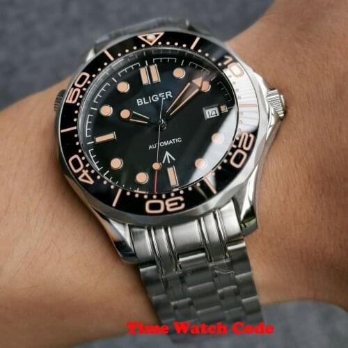 NH35 movement 41 mm Automatic Mens Wristwatch date indicator black dial sapphire glass luminous ceramic bezel Bliger