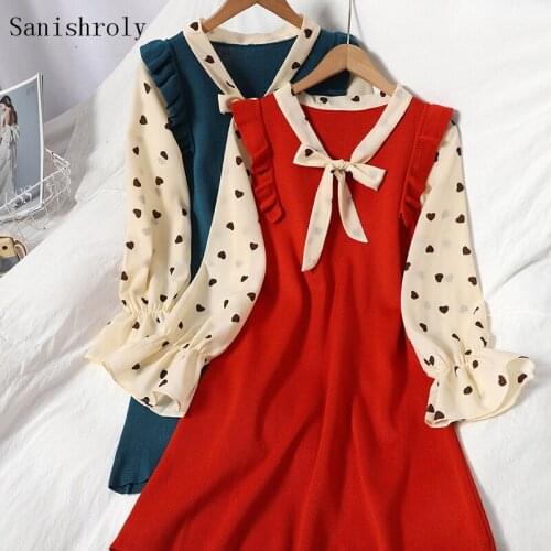 Autumn Winter Fungus Knitted Patchwork Dress Women Tie Bow Long Sleeve Love Sweater Dresses Female High Waist A Line Mini Dress