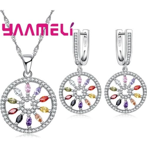 Retro Sport Style Wheel Style With Colorful Crystal Stones Cubic Zirconia 925 Sterling Silver Necklace Earrings Set
