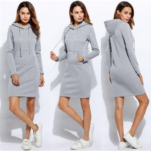 Women Winter Dresses Vestidos Women Fleeces Fashion Hooded Full Sleeves Drawstring Dress Sweatshirt Dress Hoodies Hooded