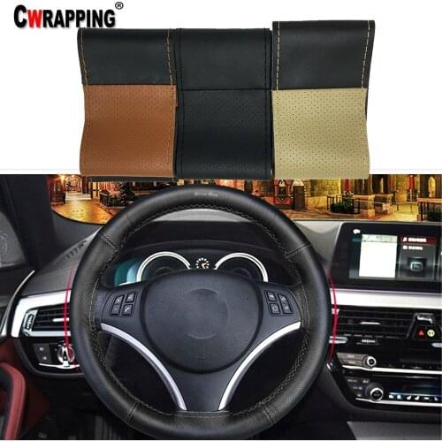 Black DIY Car Steering Wheel Covers Cowhide Leather Stitching Color Skid-Proof Protector Braid Design With Needle And Thread
