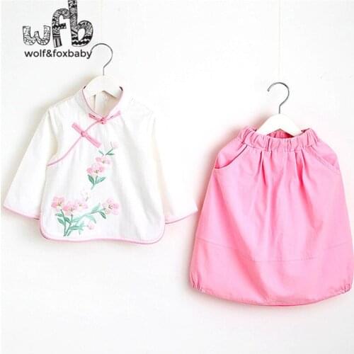 Retail 2-8 years girls cotton two-piece suits spring fall autumn summer Classical Cheongsam Pastoral Style embroidered