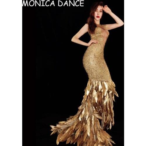 Sexy Stage Sparkly Gold Rhinestone Feather Long Tail Dress Birthday Celebrate Dress Spandex Costume Women Dance Outfit Dresses