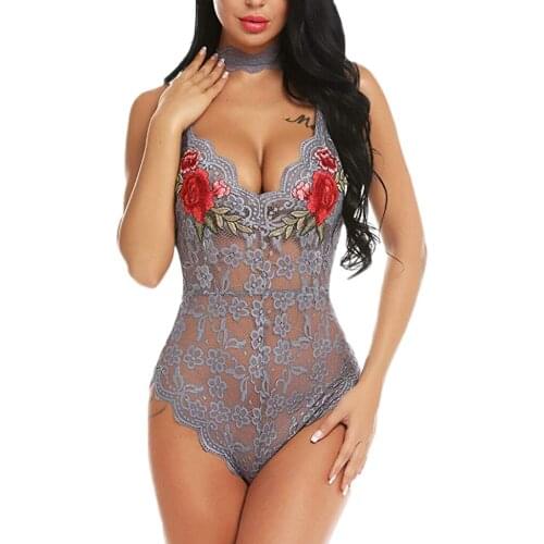 Sexy Women Lace V-neck Bodysuit Lingerie Jumpsuit Embroidery With Collar Sexy Lingerie Female Lace Perspective Temptation Sling