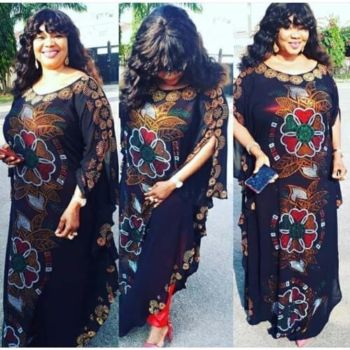 Loose New African womens clothing Dashiki Chiffon material Color full drill Long dress with orange underlining two piece set