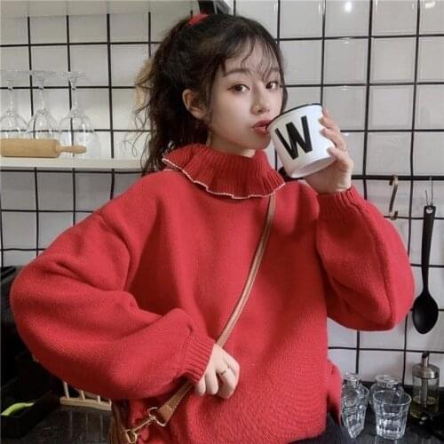 Herstory Sweet All-match Raglan Sleeve Pure Loose Preppy Kawaii Students Clothing Sweaters Women Knitted Pullover Autumn Jumper