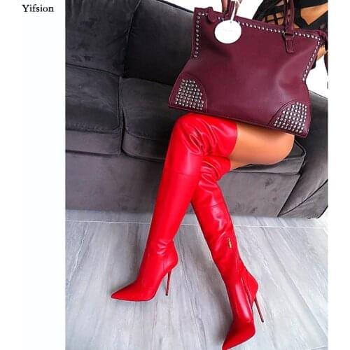 Olomm Women Spring Over The Knee Boots Sexy Stiletto Heels Boots Pointed Toe Gorgeous Red Dress Shoes Women Plus US Size 5-15
