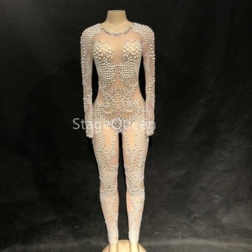 Women Sexy Stage Net Yarn Jumpsuit Full Of Sparkling Crystal Pearl Bodysuit Fashion Show Nightclub Party Birthday Bling Clothes