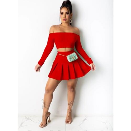 Women’s Spring Autumn Suit Fashion Solid Color Boat Neck Long Sleeve Crop Tops and High Waist Pleated Skirt 2 Piece Set