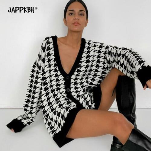 Women Houndstooth Pattern Cardigan Vintage Jumper 2021 Autumn Winter Oversized Knitted Cardigan Coat Female Long Jacket Tops