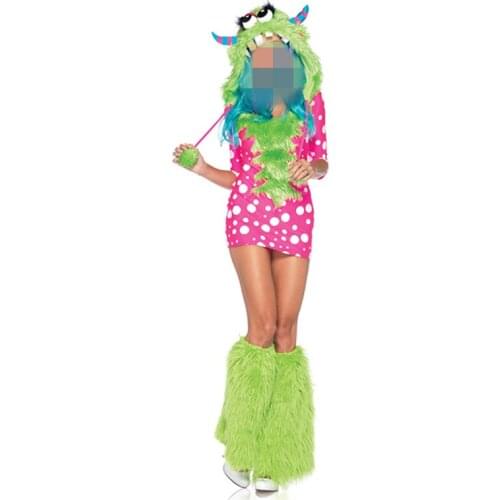 Womens Furry Pink Green Monster Dress Outfit Adult Halloween Costume New Cartoon Animal Fancy Dress
