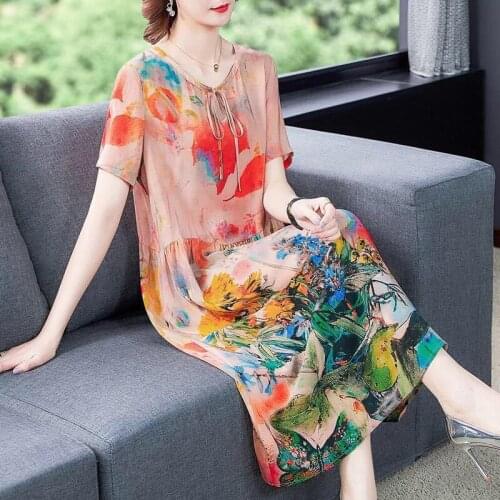 New Summer Fashion Loose Belly Summer Neck Womens Dress Lace-up Short Sleeve Pullover Print Elegant Confident Ladies A-line