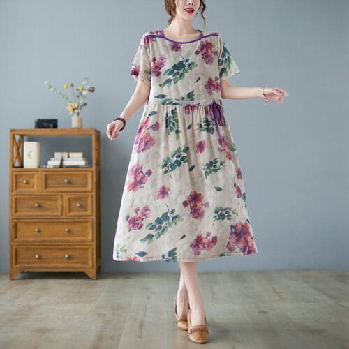 2021 New Thin Soft Cotton Linen Loose Summer Dress Print Floral Vintage Women Casual Dress Draw String Office Lady Work Dress