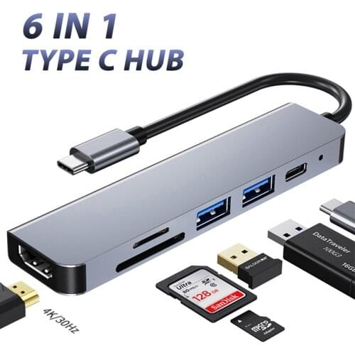 6 In 1 Type C Usb Hub Usb3.0 Otg Adapter 2 Usb C Hdmi-compatible Tf Sd Solt Pd Charger Splitter for PC Computer Laptops Usbc Hub