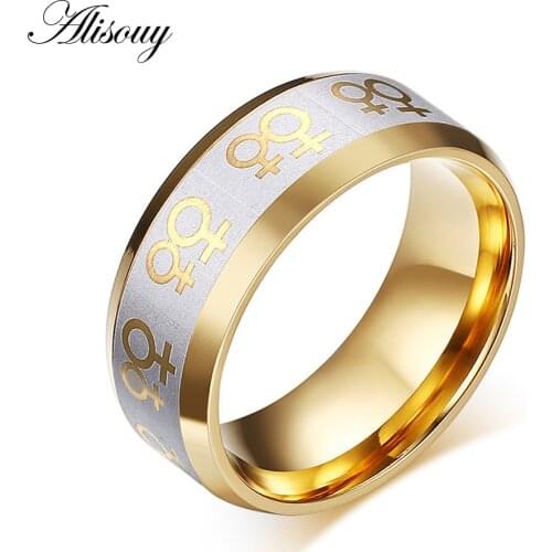 Alisouy 1 piece Gold color Rings For Women Lesbian Wedding Ring Stainless Steel Female Jewelry fashion ring for lover