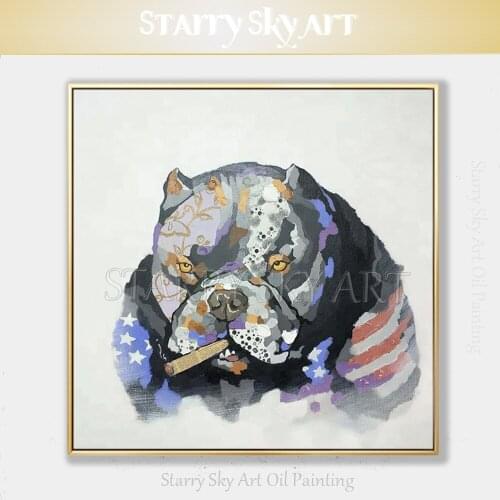 Free Shipping High Quality Hand-painted Bully Dog Smoking Oil Painting on Canvas Handmade Animal American Bully Dog Oil Painting