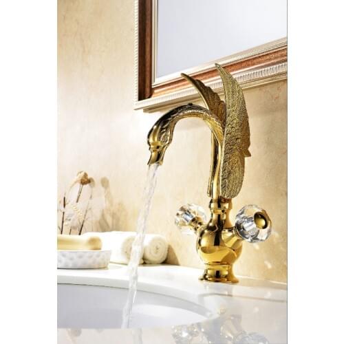EMS Free shipping Gold finish PVD bathroom basin sink swan mixer faucet crystal double handles